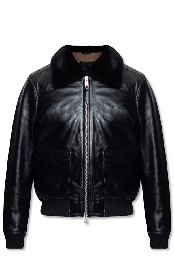 Lacoste shops Leather Jacket, real fur collar,